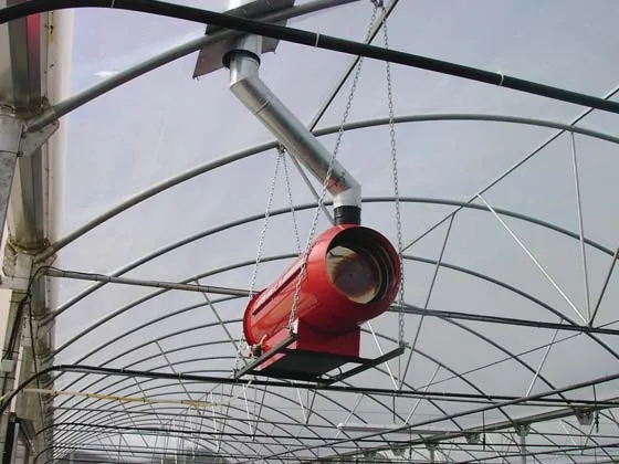 Hot-air heater hanging inside a greenhouse